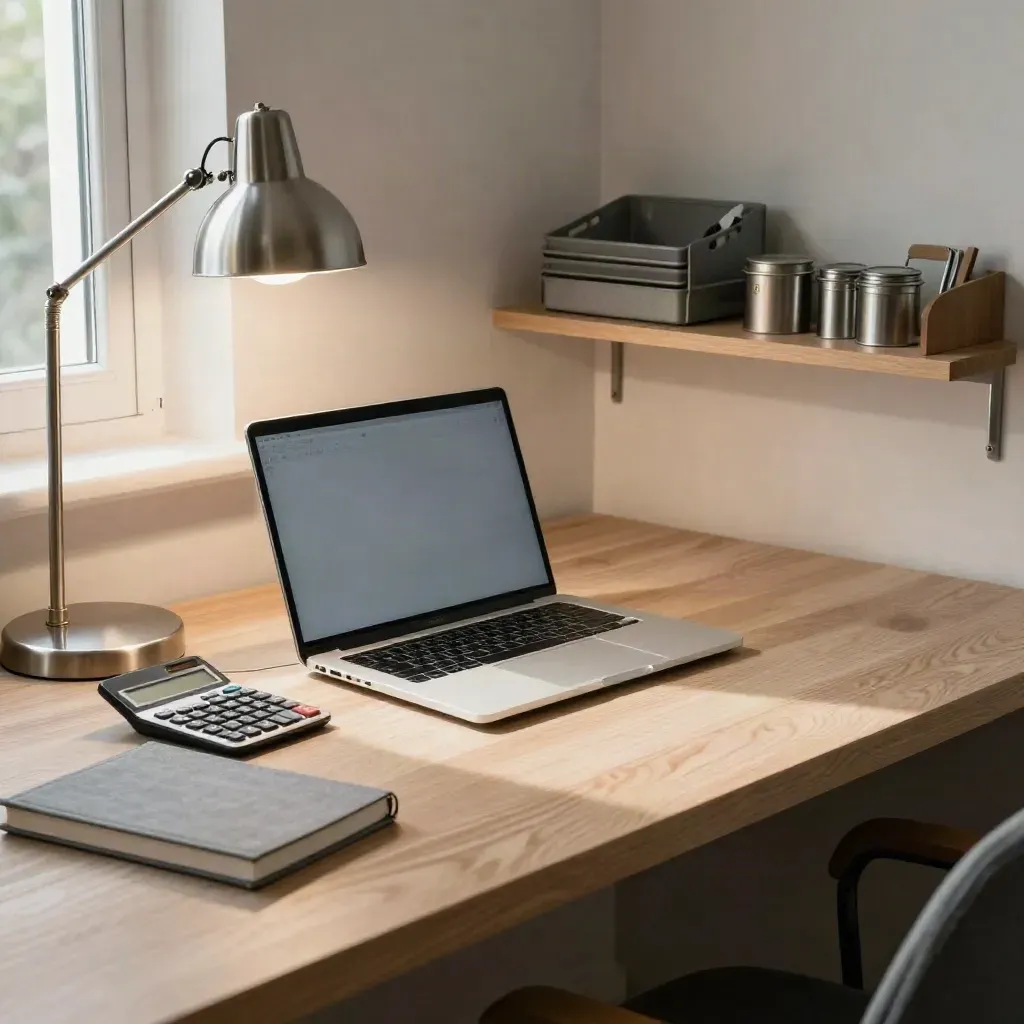 Thuiswerkplek met laptop, budgetcalculator en gesloten notitieboek in warm grijs licht