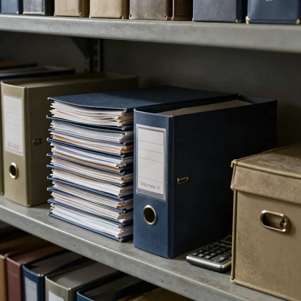 Donkerblauw dossier en rekenmachine in een schemerige kredietarchiefkamer