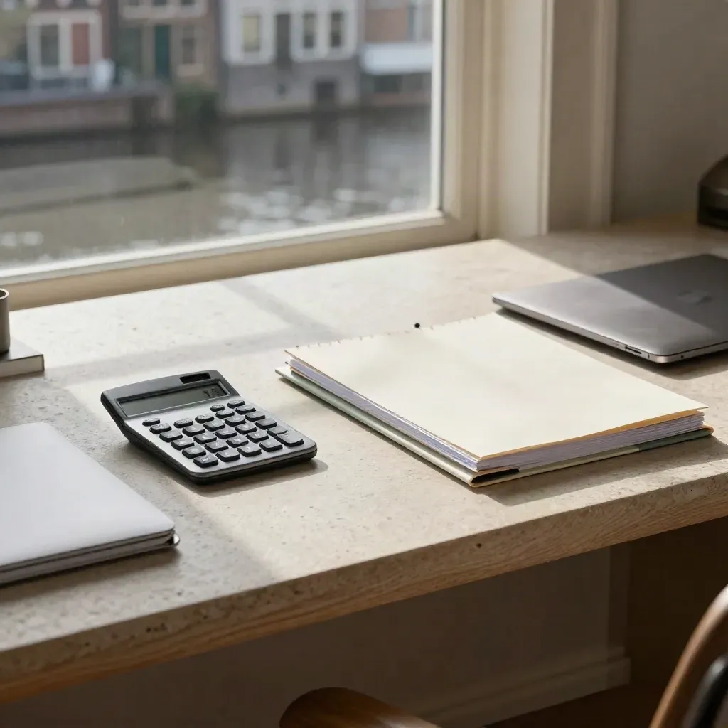 Schuin van boven een thuiswerkbureau in Den Haag met rekenmachine, gesloten laptop en dossierbinder.