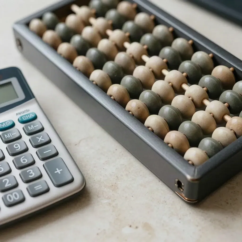 Bovenaanzicht van een abacus, rekenmachine en tabbladen op een stenen werkvlak.