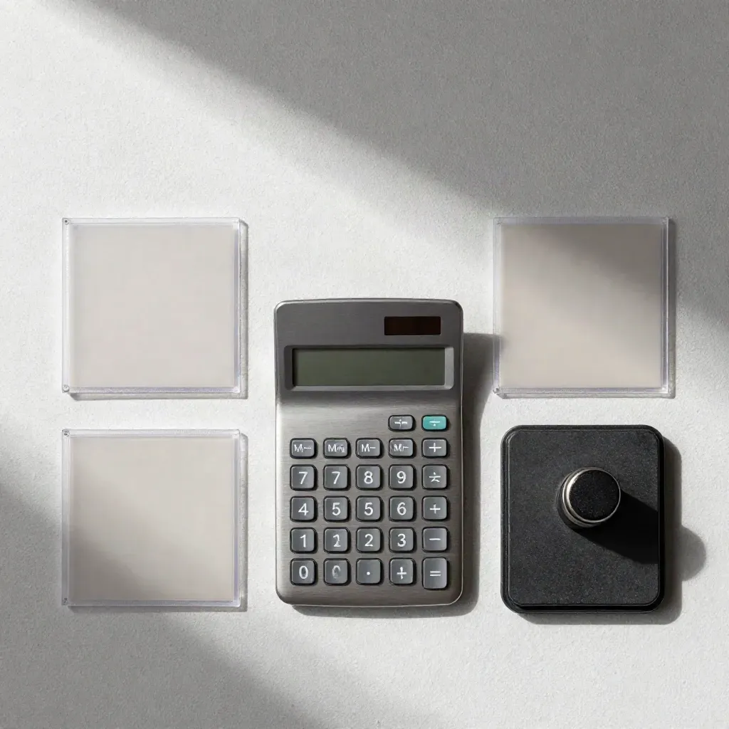 Overhead flatlay van rekenmachine, drie gesealde sleeves en stempelpad op koel pleisterwerk.