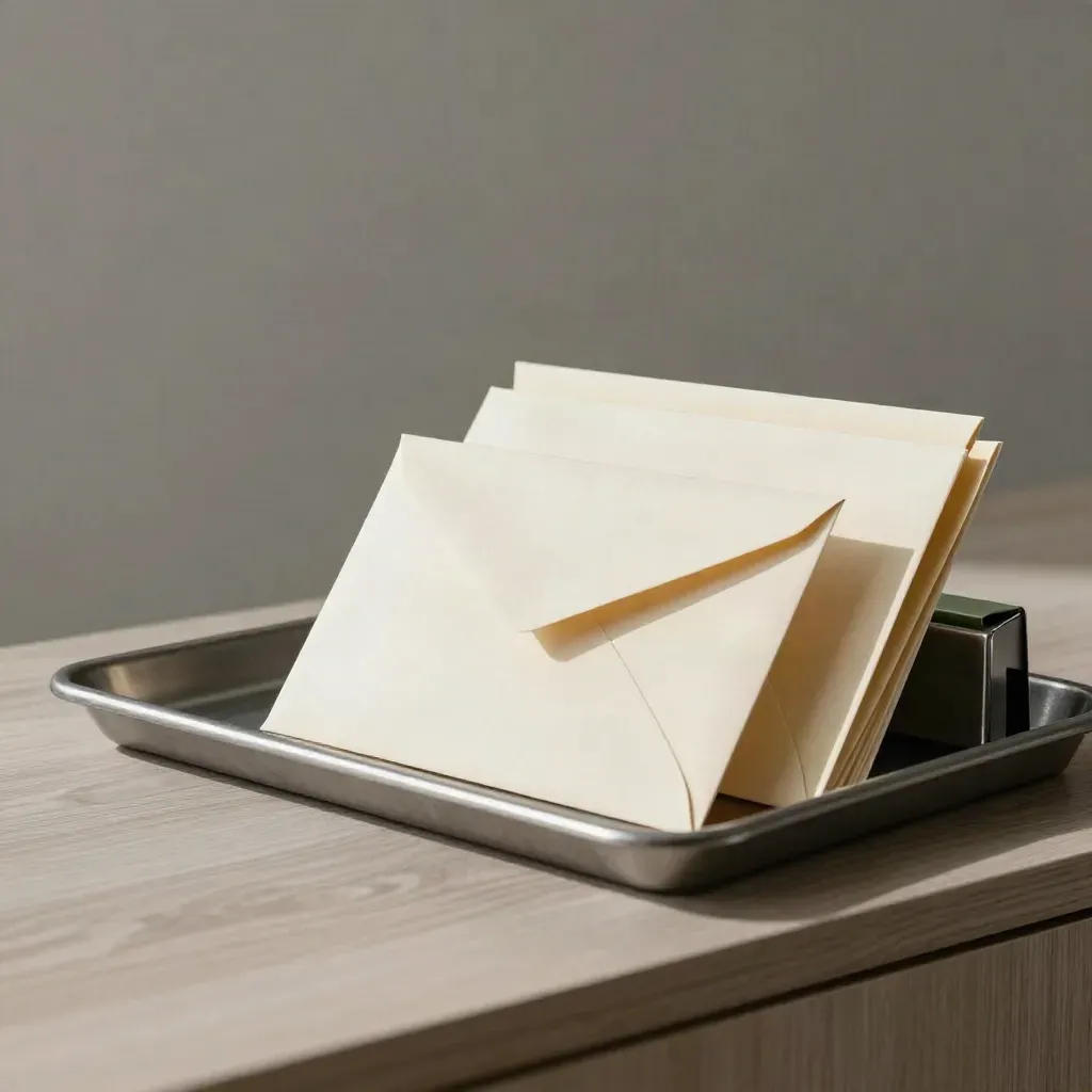 Inzetray met enveloppen en dossiermap op licht hout, met zacht groen accent en zijlicht.