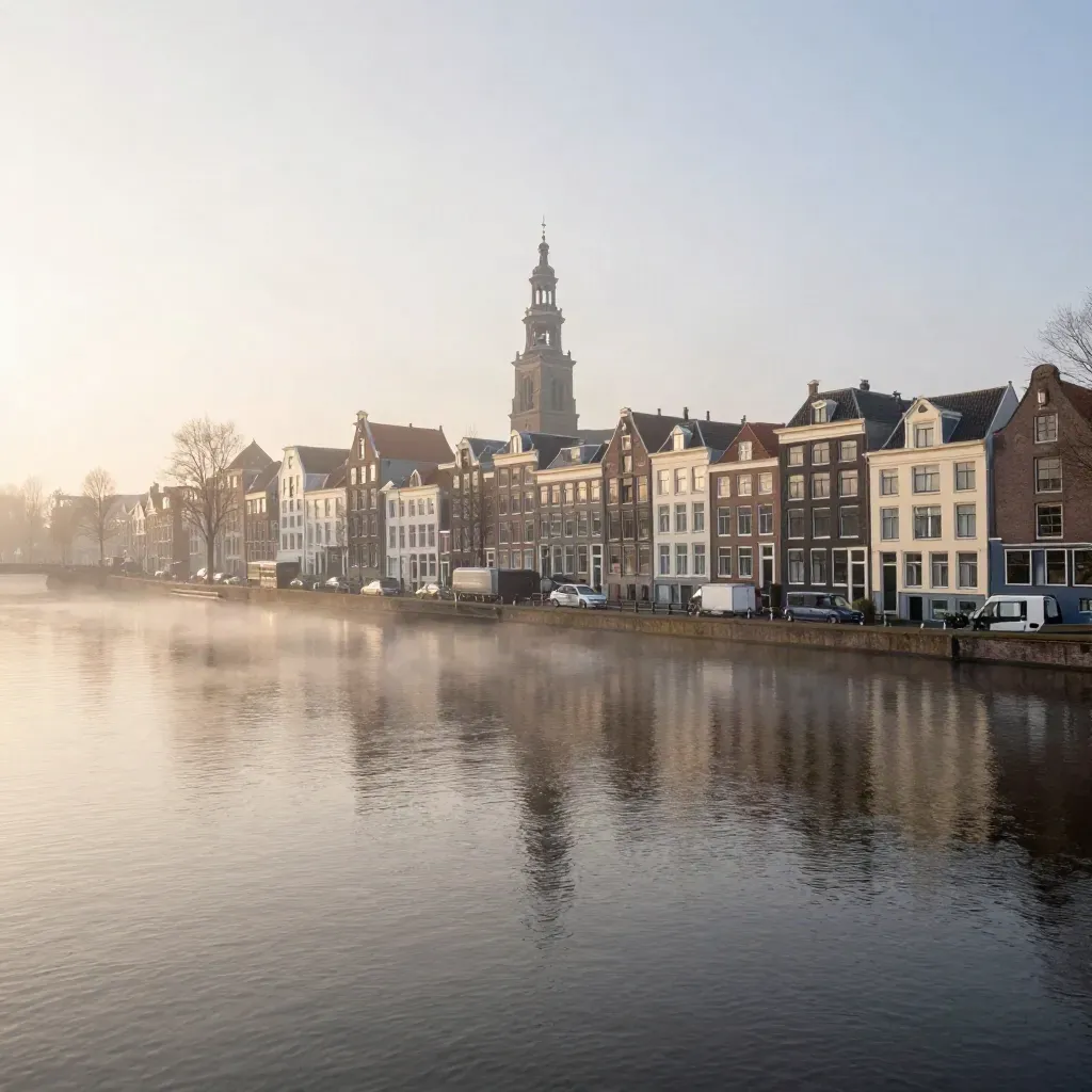 Amsterdamse skyline in ochtendmist boven het IJ met kerkentoren en rustig water