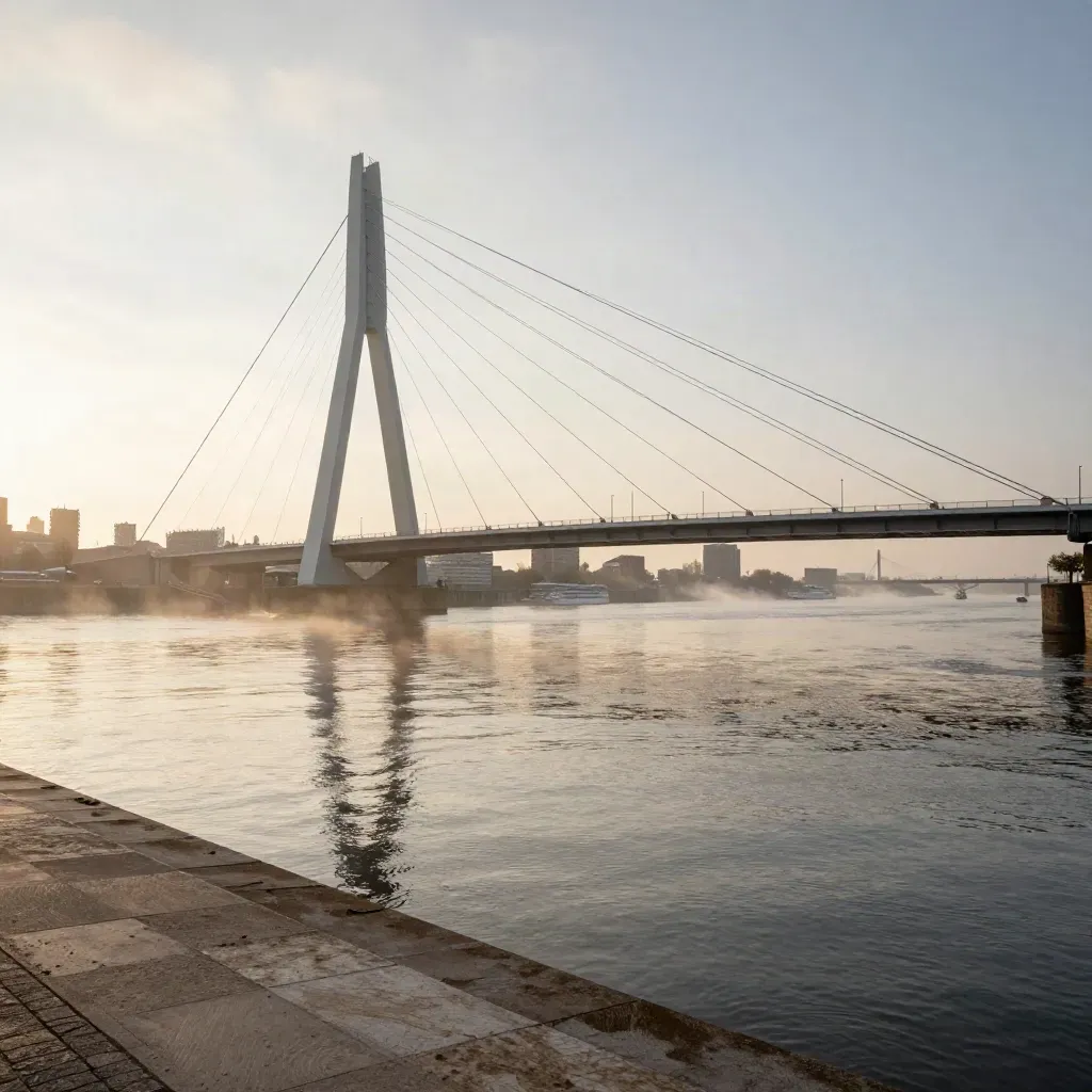 Erasmusbrug boven mistige rivier bij zonsopkomst, rustige ruimte voor kopij.