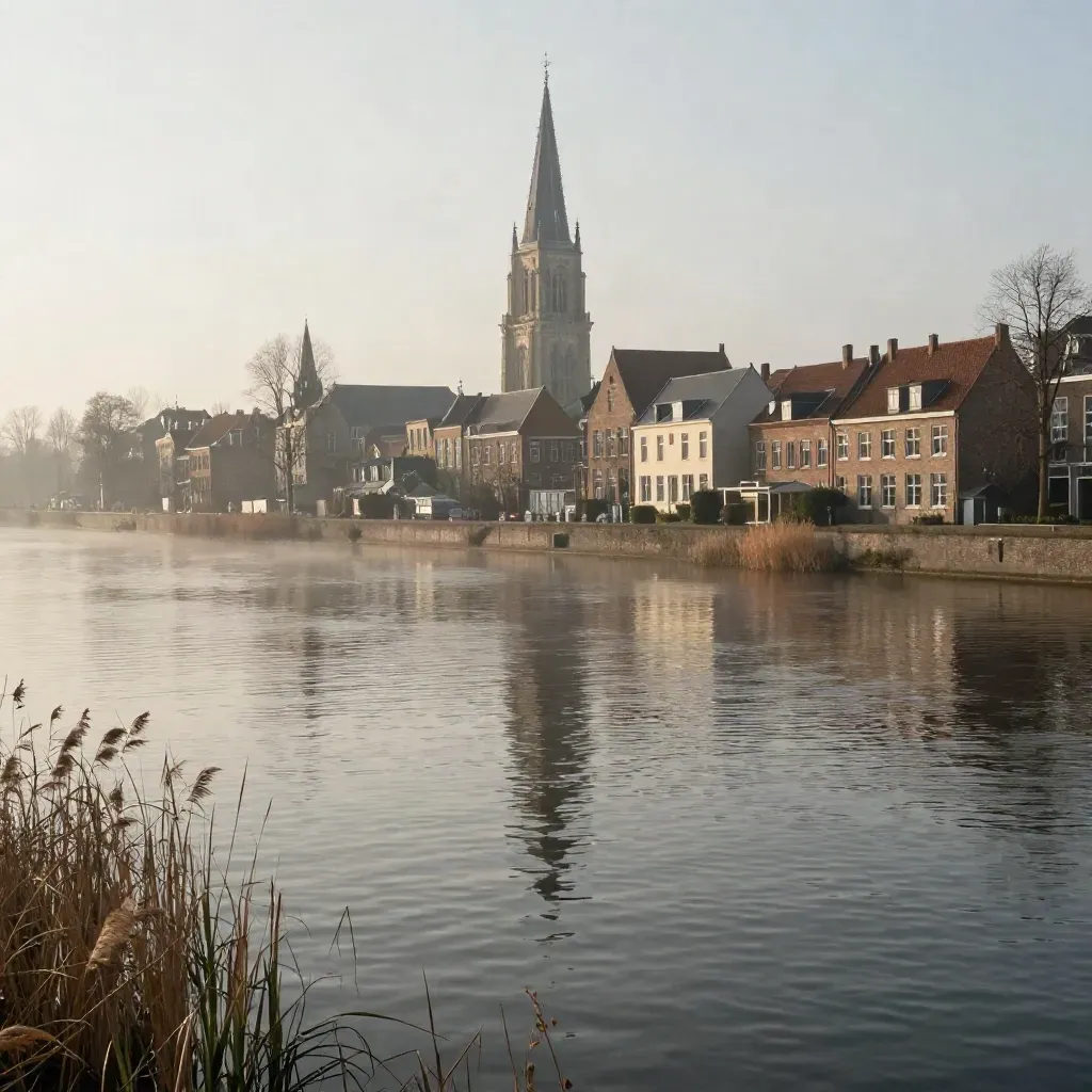 Uitzicht op de Domtoren boven een stille gracht met mist en polderhorizon.
