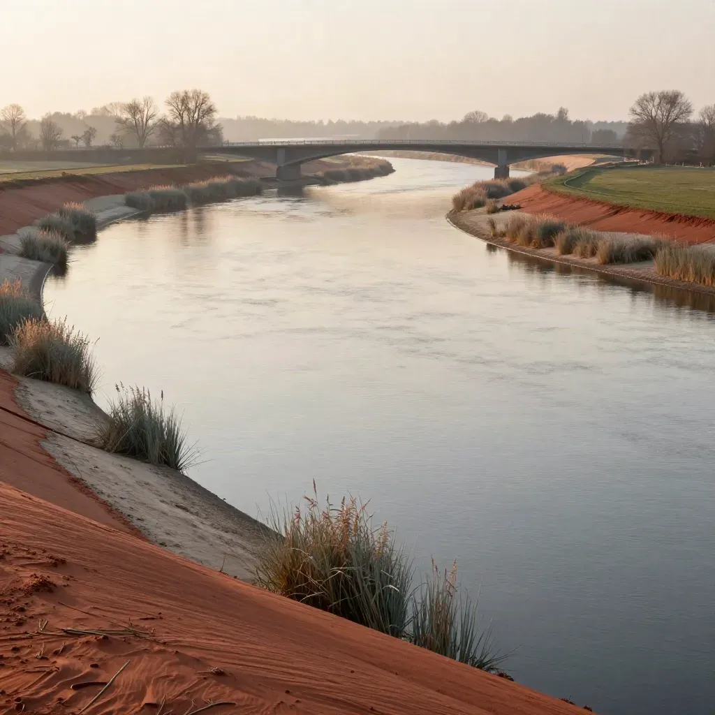 Waalbocht met brug en lage rivieroevers in warm avondlicht
